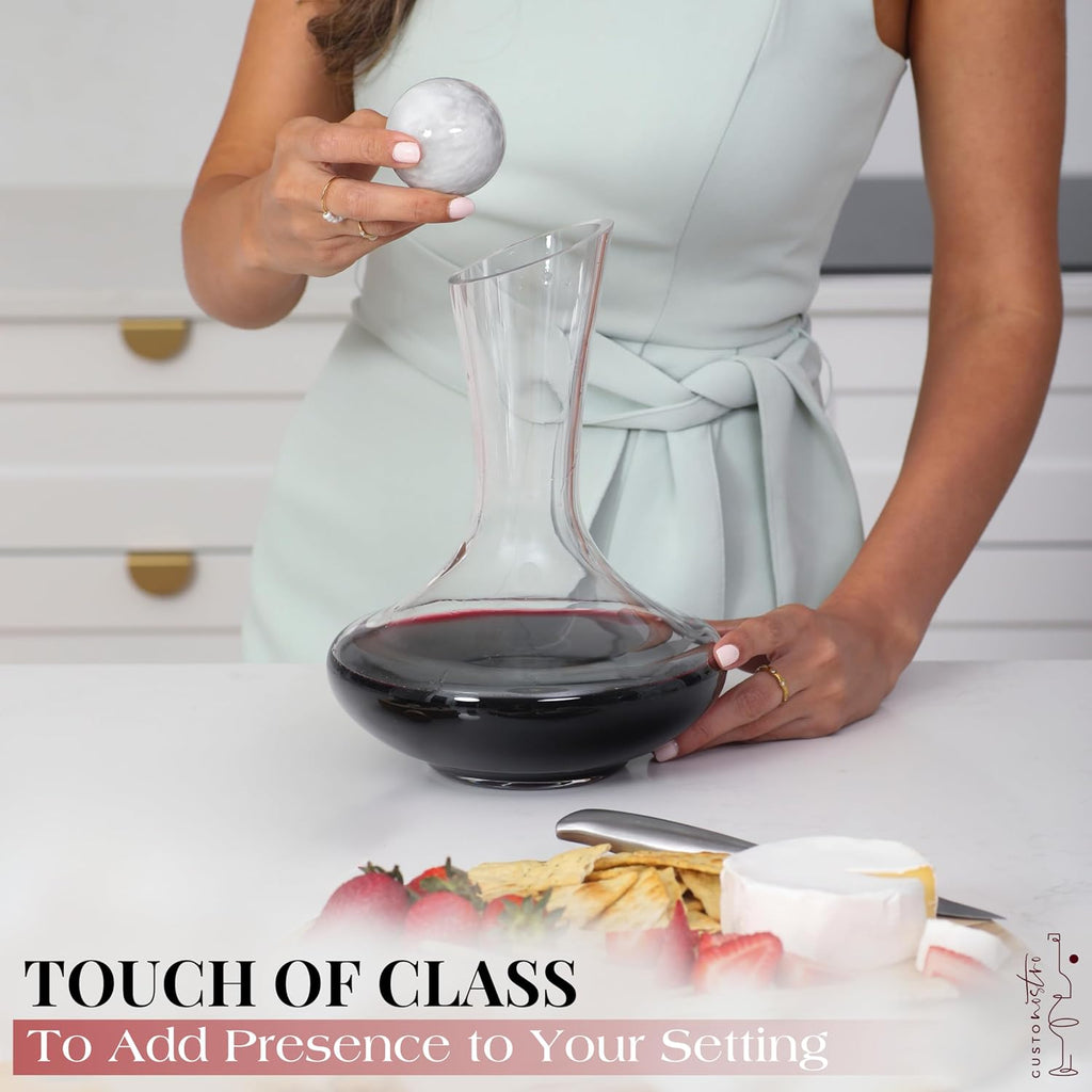 Crystal Wine Decanter Set with Drying Stand, Corkscrew, Marble Stopper, Cleaning Beads - 750ml Hand Blown Glass Wine