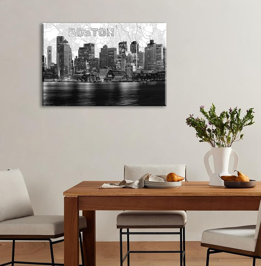 Boston Skyline Canvas Wall Art, 24"x36" Black and White Cityscape with Map Background, Modern Boston City Night View