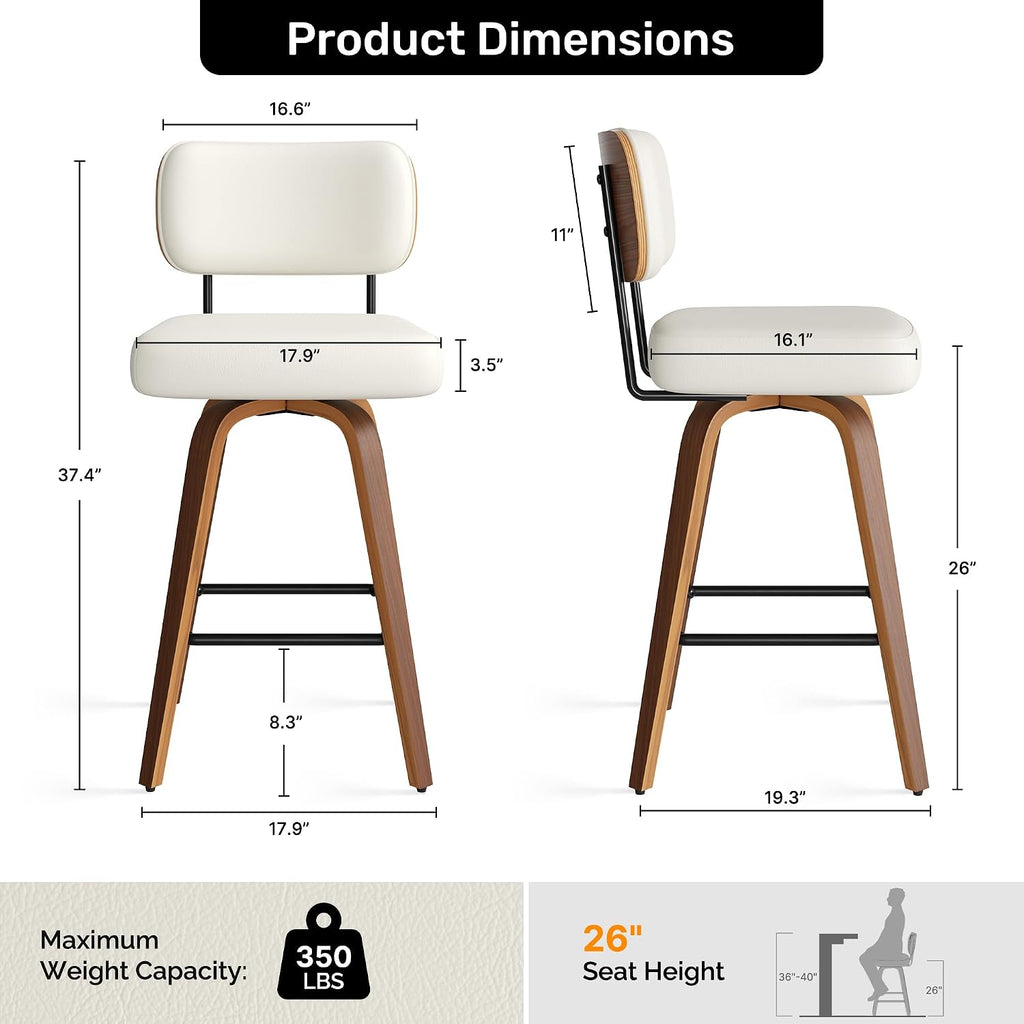 Swivel Bar Stools Set of 2, 26" Upholstered Faux Leather Counter Height Barstools with Walnut Back & Bentwood Legs