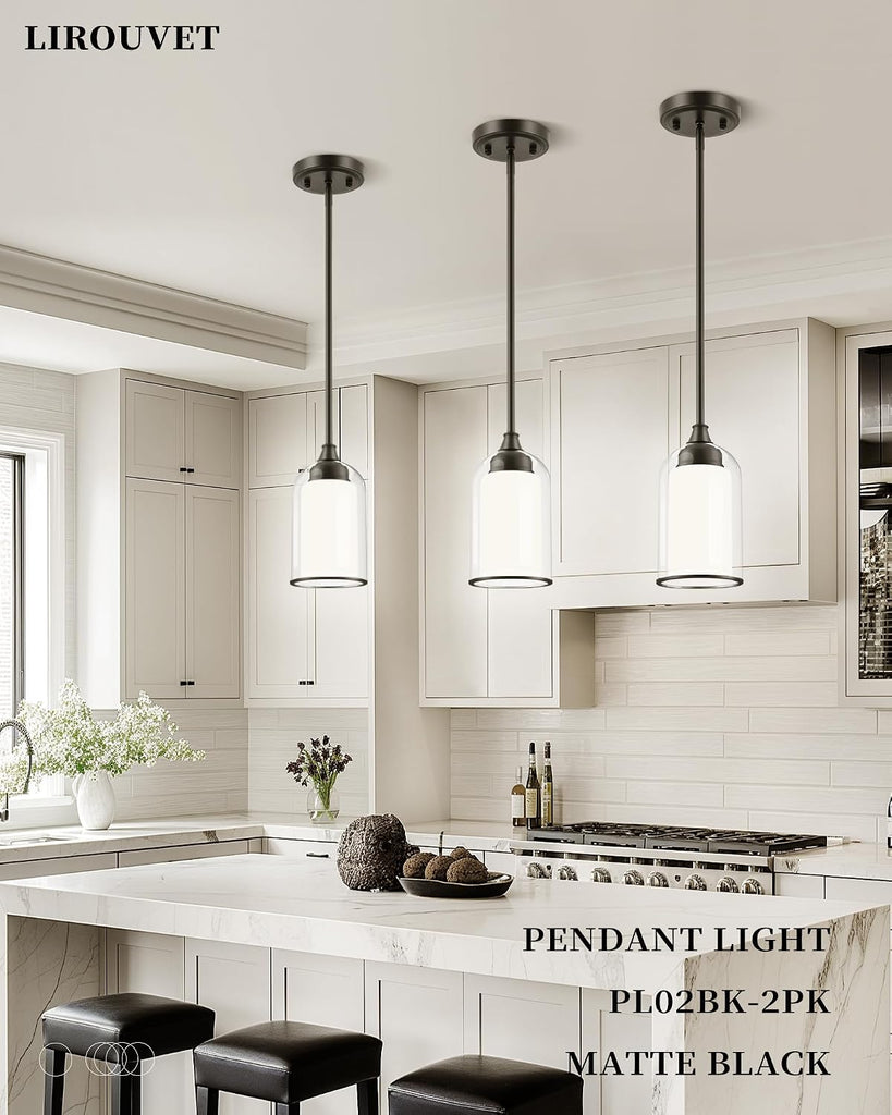 2 Pack Pendant Lights Kitchen Island, Dual Glass Pendant Lights, Black Hanging Lamp with Clear and Milk Glass