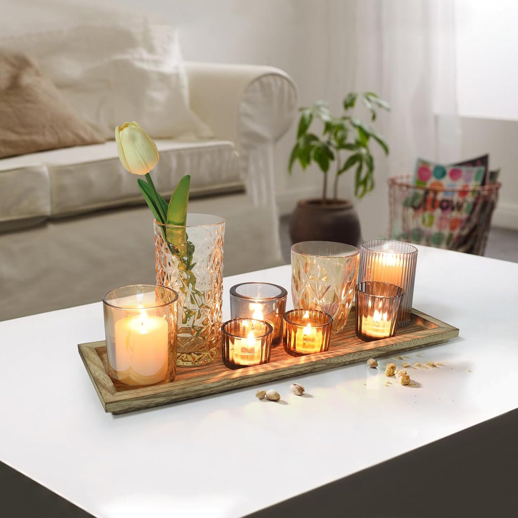 Rustic Wooden Tray with 8 Brown Glass Votive Candle Holders, Decorative Tea Light Holder Set for Mantel, Centerpiece