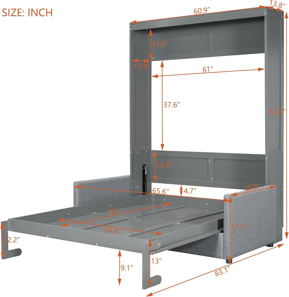 Murphy Bed Full Wall Bed with Sofa,can be Folded,Multifunctional Wood Hideaway Cabinet Bed Frame,Slat Support,Save