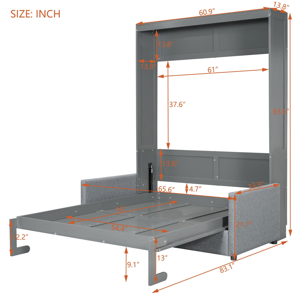 Full Size Murphy Bed, Wooden Full Murphy Bed with Cushion, Wall Bed with Sofa or Small Room, Gray