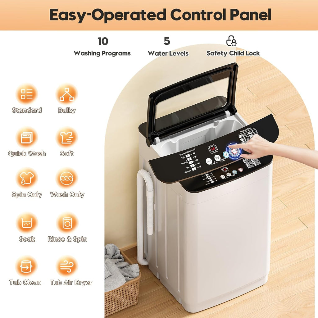 28 lbs Portable Washing Machine, Fully Automatic Portable Washer with LED Display, 10 Wash Cycles, 5 Water Levels, 24H