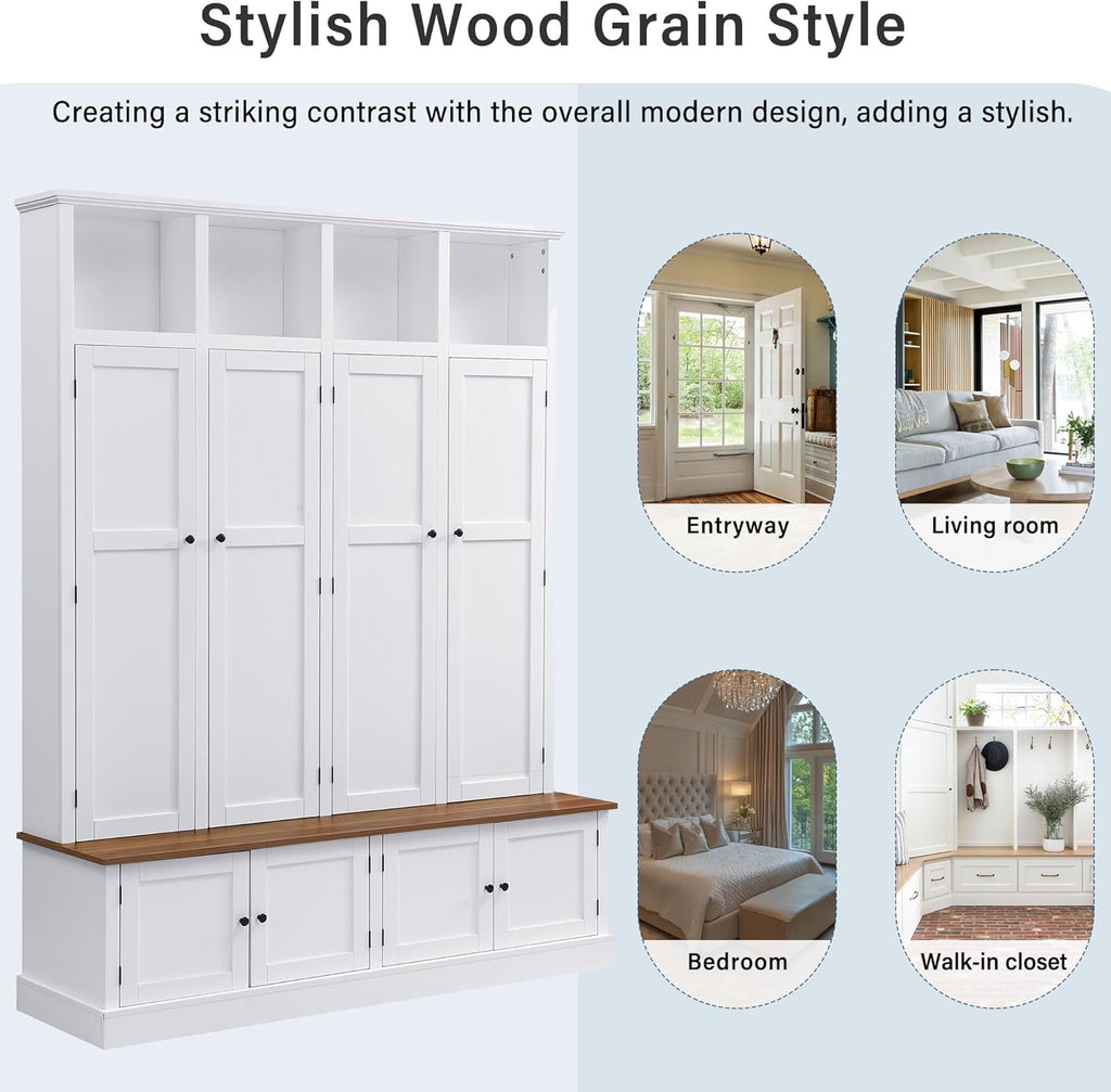 Farmhouse Hall Tree with Bench and Cabinet, 4-in-1 Entryway Storage Organizer with Rack, Shoe Storage and Hooks for