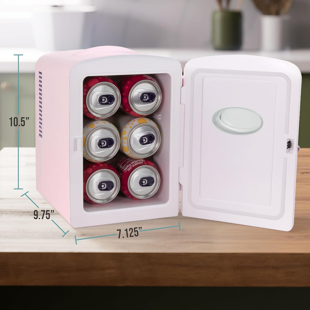 Retro Mini Fridge and Heater - 6-Can Capacity, 12-Volt Power Adapter, Carry Handle and Display Window - Perfect for