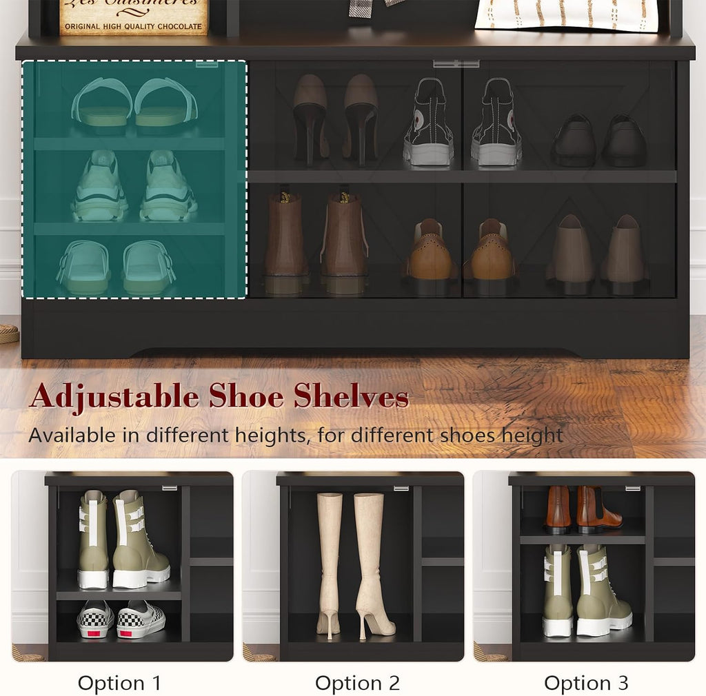 Hall Tree with Bench and Shoe Storage, Farmhouse Entryway Bench with Coat Racks and Led Lights, Black Tall Hall Tree