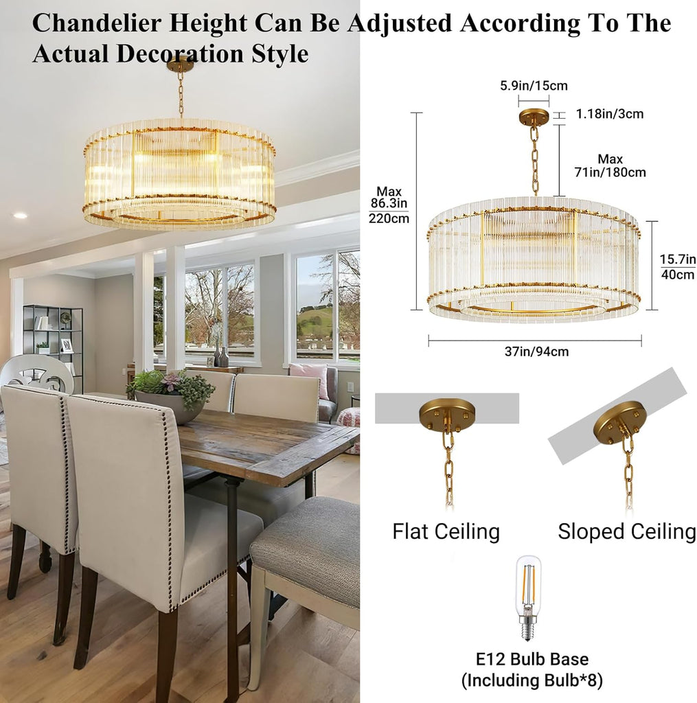 37" Modern Gold Round Chandelier,2-Tier 8-Light Water Ripple Crystal Glass Chandeliers,for Dining Room,Living Room,Bedroom,High Ceiling,Foyer Entryway,Luxury Chandelier