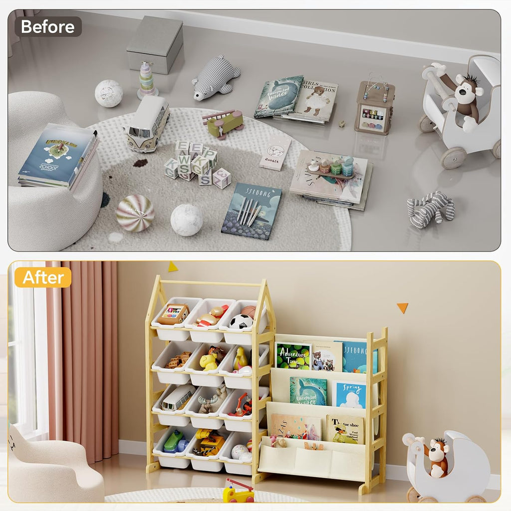 Wooden Toy Storage Organizer Kids Bookshelf, with 12 Toy Organizer Bins, Child Book Shelf for Kids Rooms, Nursery