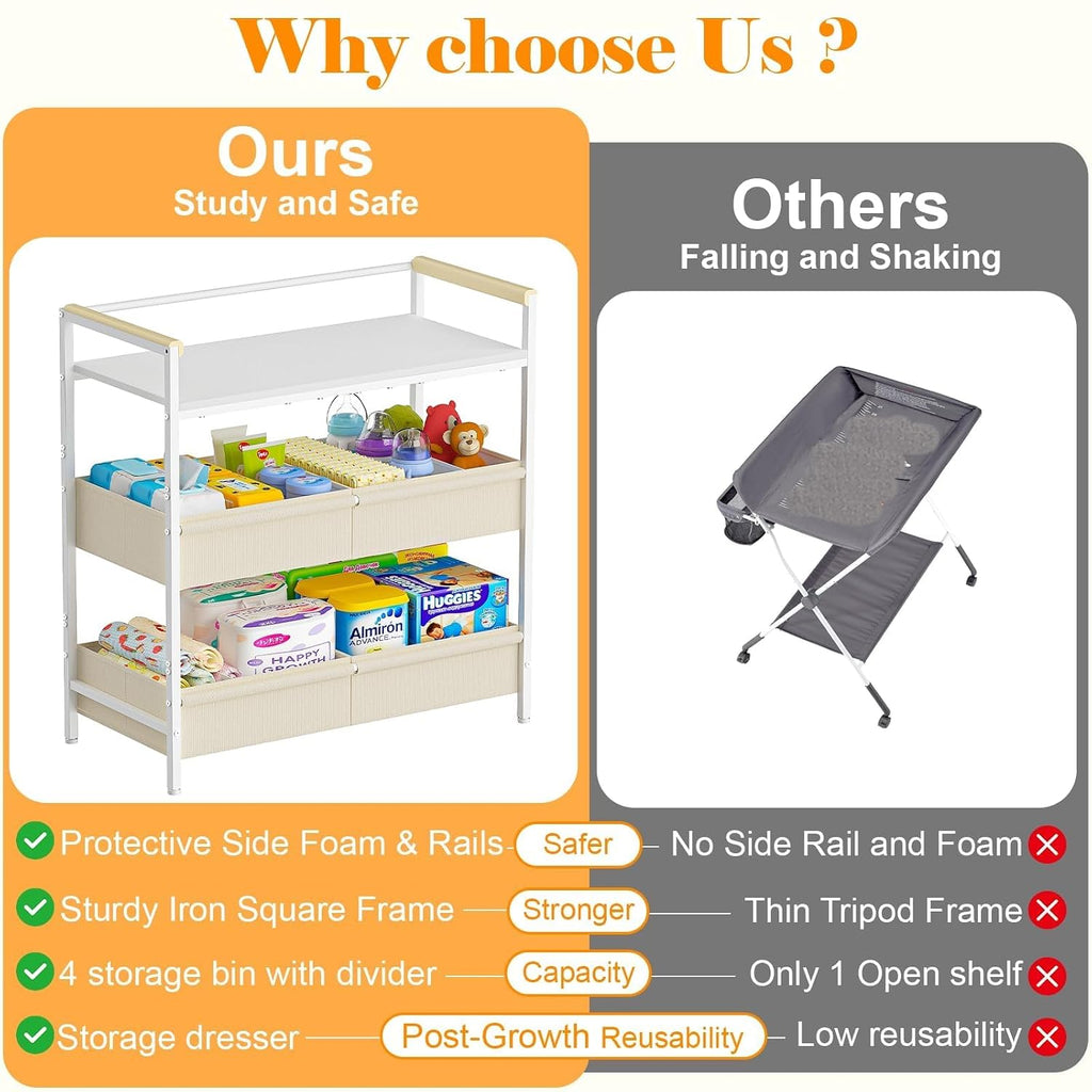 Baby Changing Table with Safety Bumper, Sturdy Diaper Change Station with Adjustable Devider in Large Storage Bin