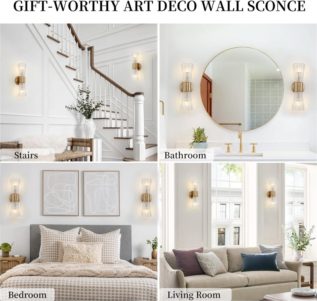 Mid-Century Modern Wall Lights with Crystal Glass Shade, 2-Light Glass Bathroom Vanitys Lights Gold Wall Sconces