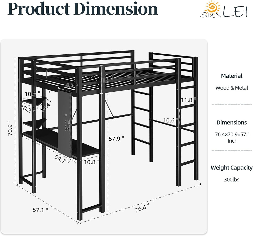 Loft Bed with Desk, Metal Loft Bed Full with 2 Built-in Ladders, Space-Saving Bed Frame, with Safety Guard