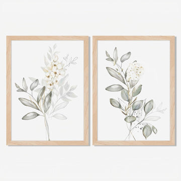 Framed Botanical Wall Art Set of 2 Minimalist Floral Canvas Prints with Solid Wood Frame & Acrylic Cover, Neutral