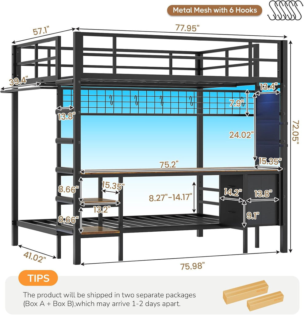 Full Over Twin Bunk Bed with Desk and Charging Station Metal Full Over Twin Bunk Bed with Led Lights,Storage Shelves