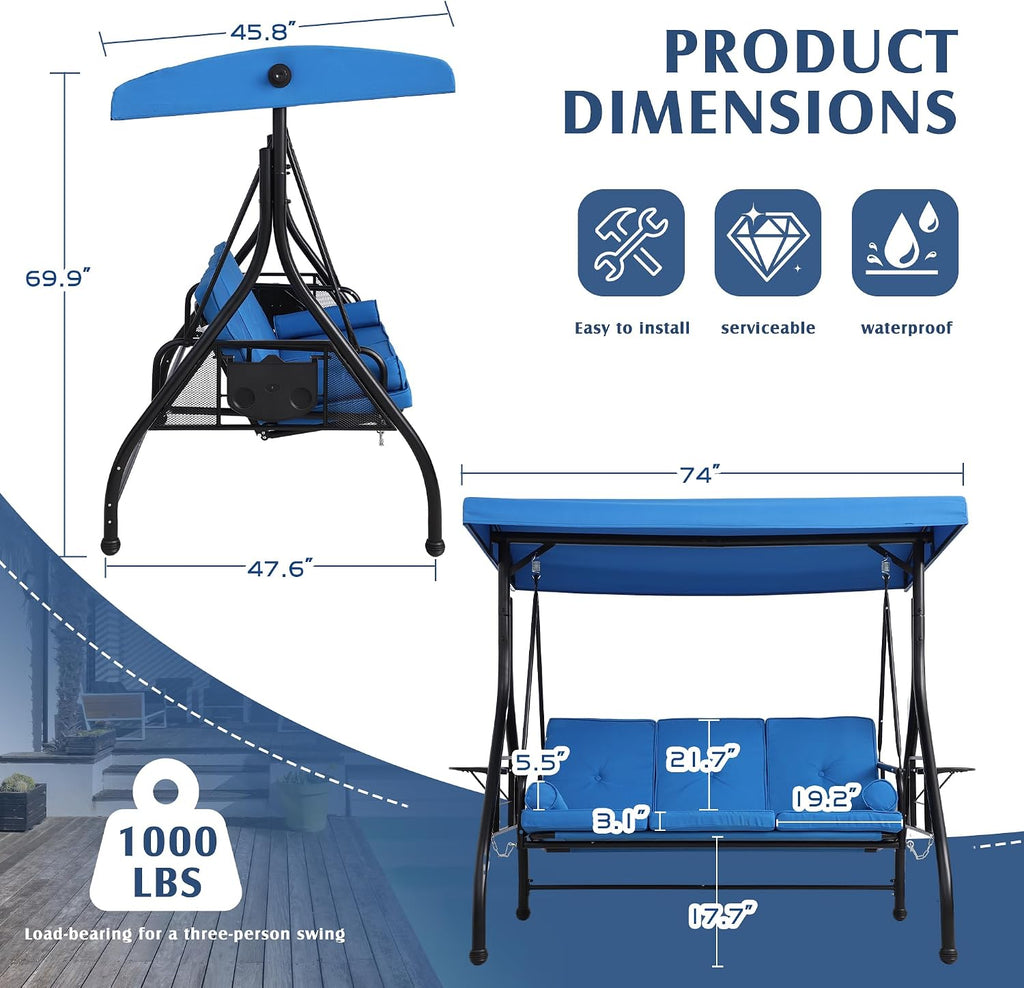 Outdoor Porch Swing with Canopy and Stand, 3 Person Patio Swing for Adults, Convertible 2 in 1 Porch Bed Swing with