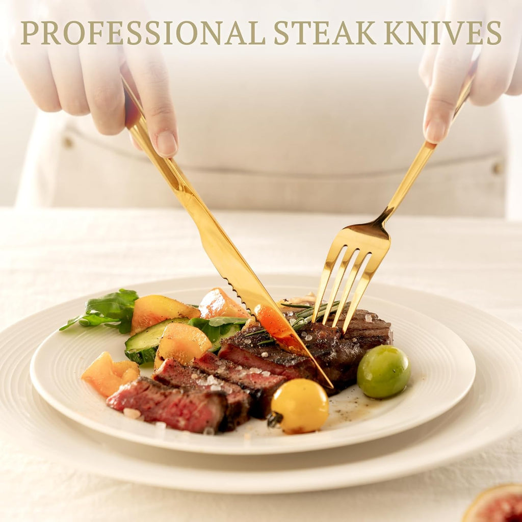 Silverware Set 48-Piece Gold Flatware Set with Steak Knives Food-Grade Stainless Steel Cutlery Set for 8 Mirror