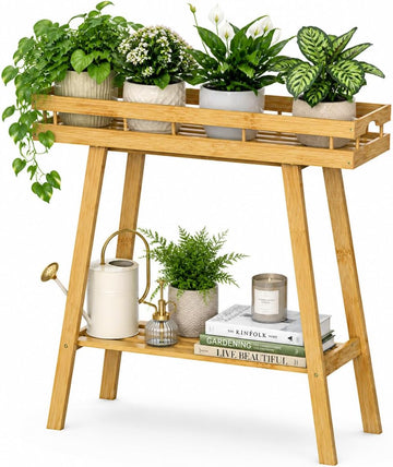 Bamboo Plant Stand Indoor, 2 Tier Small Plant Table, Tall Plant Stand for Indoor Plants, Window Sill Plant Shelf