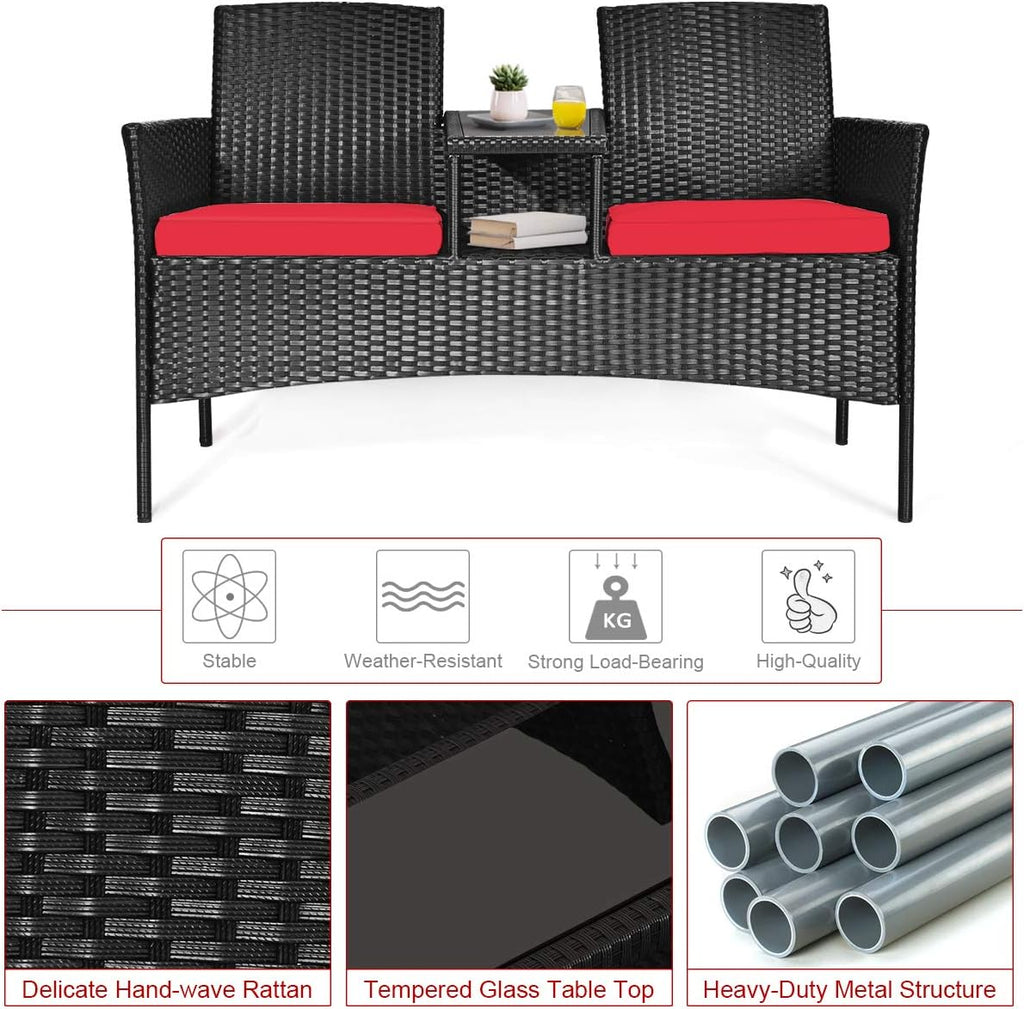 Wicker Patio Conversation Furniture Set, Outdoor Furniture Set with Removable Cushions & Table, Tempered Glass Top