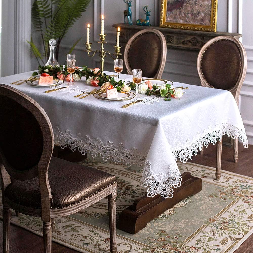 Rectangular Lace Fabric Tablecloth with Macrame Border Clear Embroidered Kitchen Tablecloths for Ele