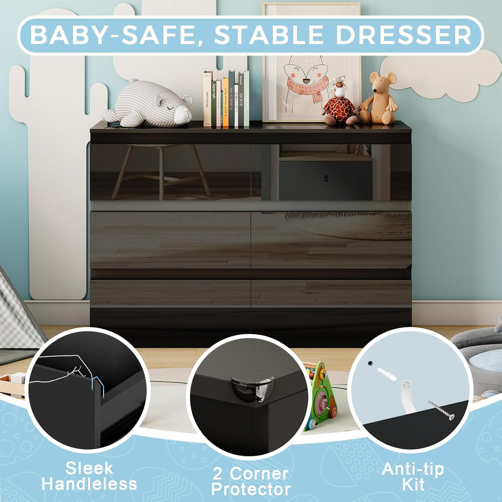 6 Drawer Dresser , 47" Wide Black Wood Chest for Storage | Multi-Functional Storage Organizer, Modern High Gloss