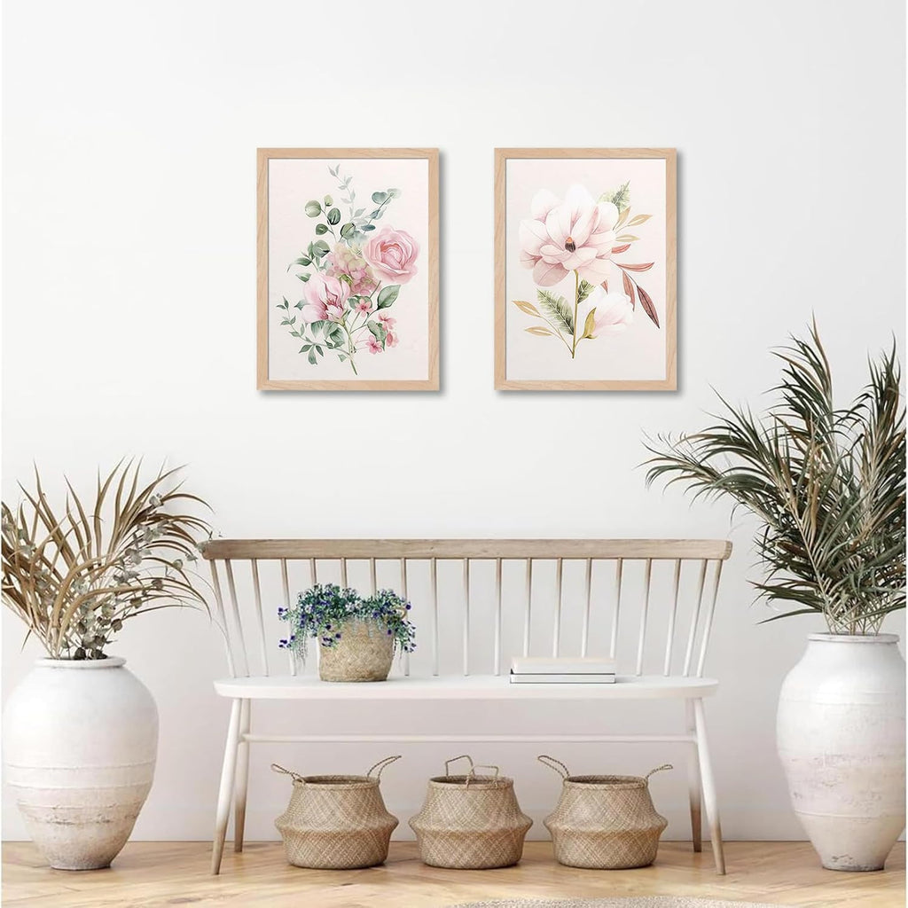 Framed Botanical Wall Art Set of 2, Pink Floral Canvas Prints with Natural Wood Frame & Acrylic Cover, Modern