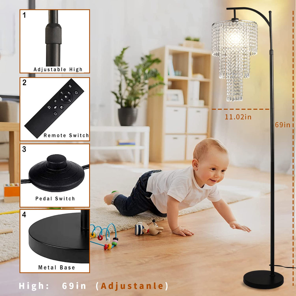 Arc Floor Lamp Modern Floor Lamp with Remote Control,Dimmable Crystal Floor Lamps Black Standing Lamp with 10 Color