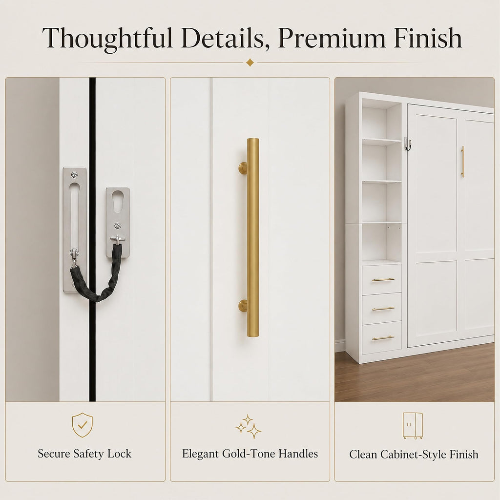 Queen Murphy Bed with Side Storage Cabinets, White Space-Saving Wall Bed