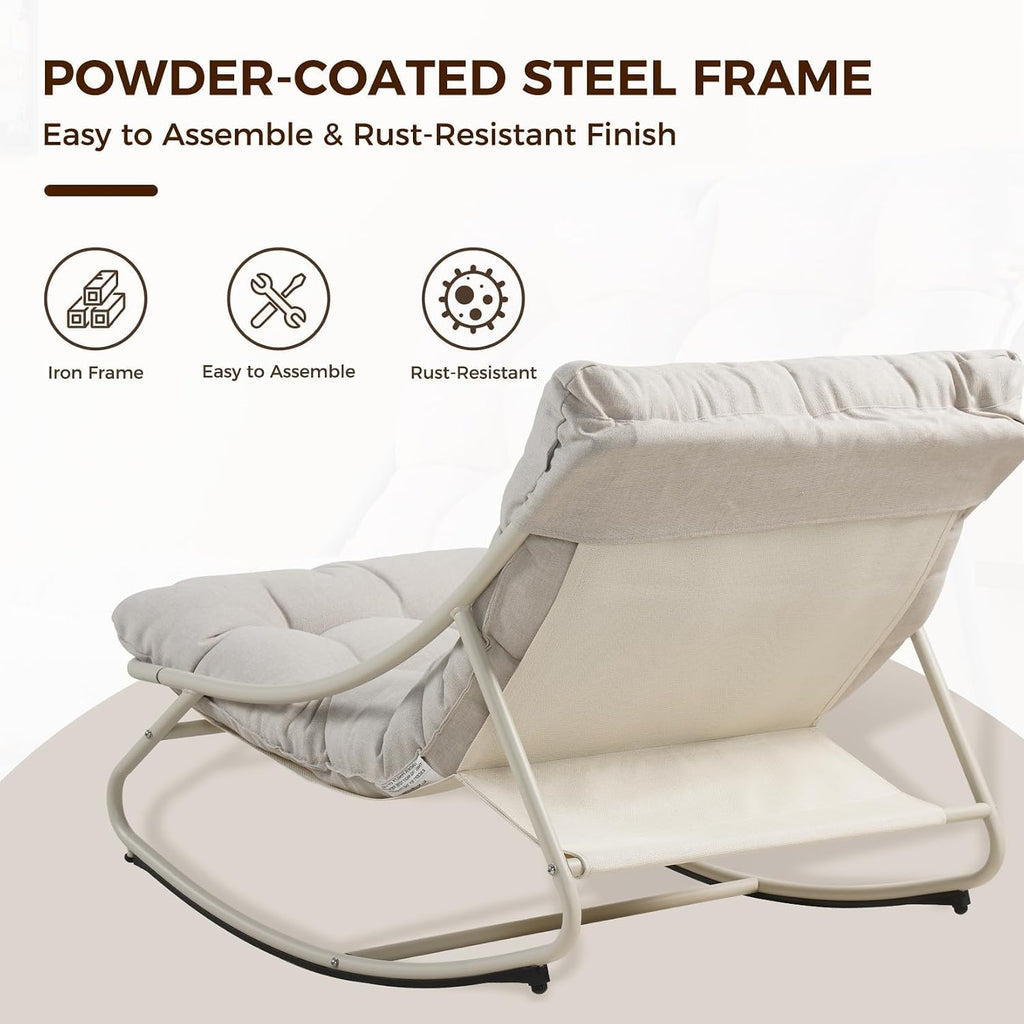 Rocking Chair with Cushion for Indoor and Outdoor, Beige | Metal Lounge Rocking Chair with Thick Cushion, Comfy