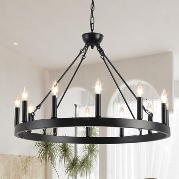 Inspired Camino Style Chandelier - Wagon Wheel Chandelier 32" 12-Light, Round Black Chandeliers Farmhouse Modern Wagon Wheel Light Fixtures, for High Ceiling Dining Living Room, Foyer, Entryway