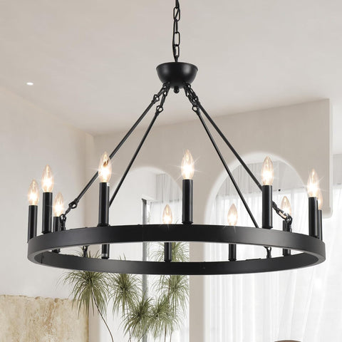 Wagon Wheel Chandelier 32" 12-Light, Round Black Chandeliers Farmhouse Modern Wagon Wheel Light Fixtures, for High Ceiling Dining Living Room, Foyer, Entryway A105-B0CGZQSZV1