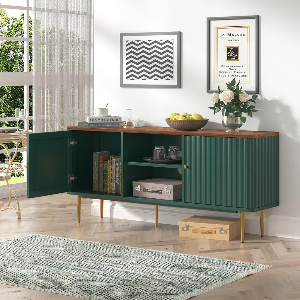 55" Fluted TV Stand, Mid Century Modern Green TV Stand for 55/60/65 inch TV, Entertainment Center with Storage
