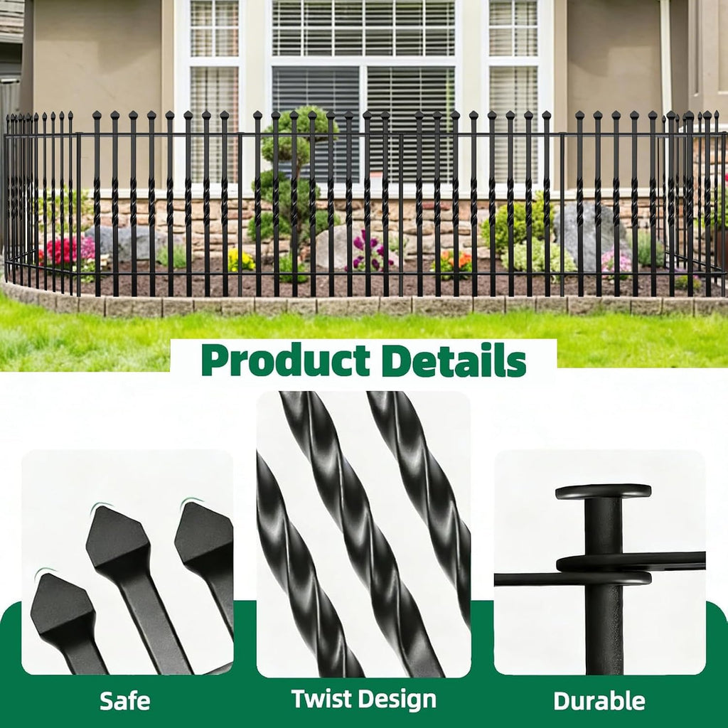 10 Panels Decorative Garden Fence, 32in(H)×24Ft(L) Heavy Duty Twist Outdoor Dog Fence Rustproof Metal Square Tube No