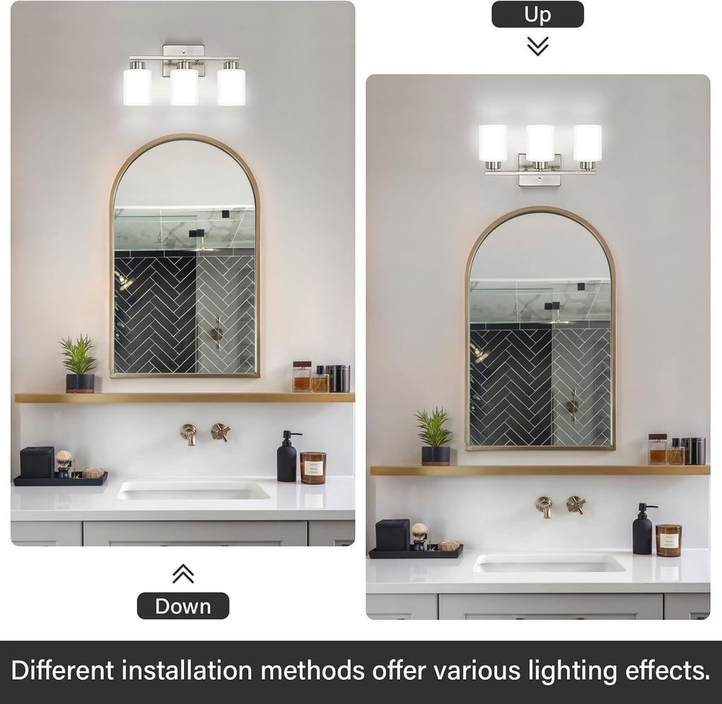 Brushed Nickel Bathroom Light Fixtures Vanity Lights Over Mirror | Modern 3-Light lighting fixtures with Milky White
