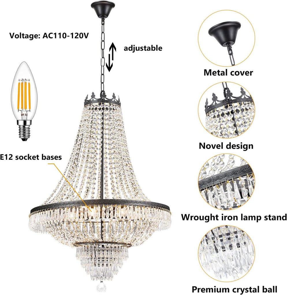 Crystal Chandelier, 9-Light French Empire Country Foyer Chandelier Pendant, Hanging Ceiling Lighting Fixture for Dining Living Room Bedroom Kitchen, W 24'' x H 30'', Black