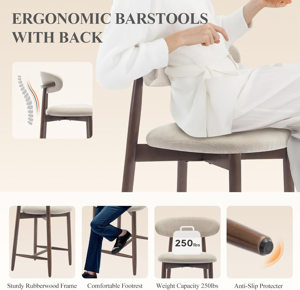 Counter Height Bar Stools Set of 4, Kitchen Bar Stools with Back, Mid Century Modern Upholstered, with Wood Legs