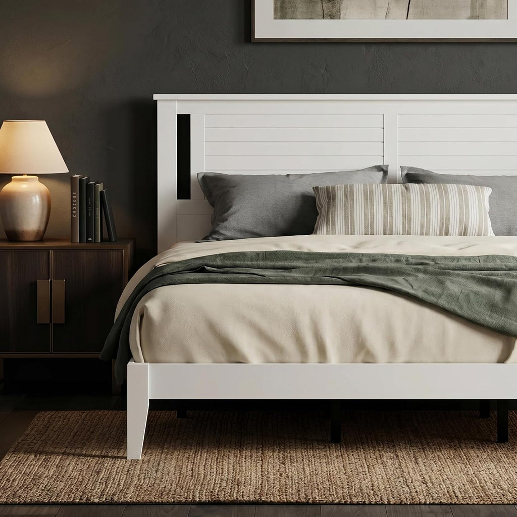 Solid Wood Platform Bed with Wooden Slats - Durable Frame, No Box Spring Required, Ample Underbed Storage, White