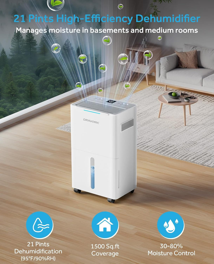 21 Pints Dehumidifier for Basement, 1500 Sq. Ft Dehumidifiers for Home with Drain Hose