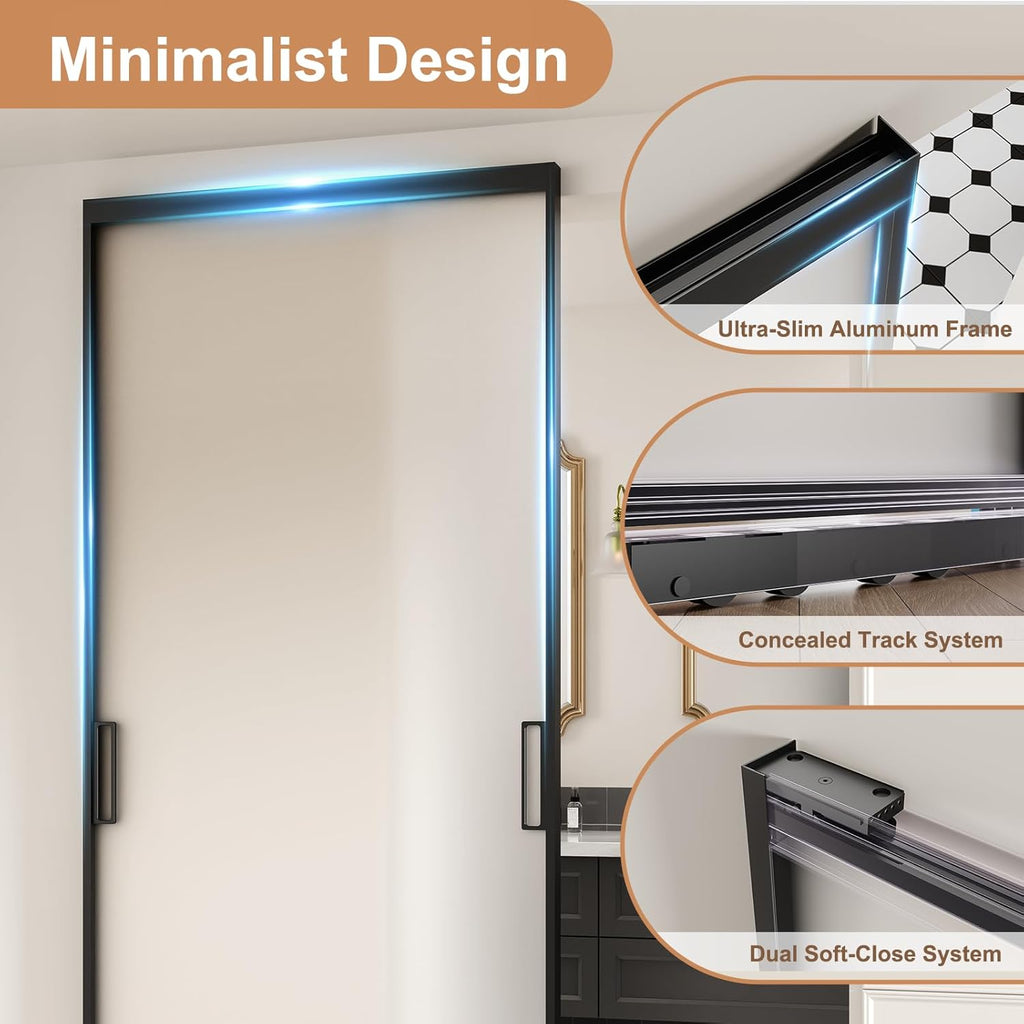 Concealed Track Sliding Glass Barn Door - 40" x 87" Frosted 5/16" Tempered Glass, Soft-Close Hydraul