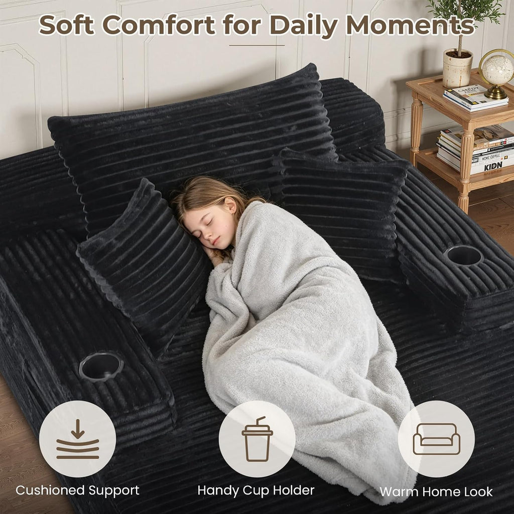 65" Oversized Boneless Chaise Lounge Chair Indoor, Corduroy Sleeper Bed with No Assembly , Reading Nook, Lounge, Black