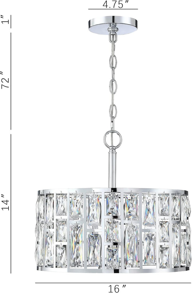 Farmhouse Crystal Convertible Chandelier and Semi Flush Mount Lighting Chrome Cylinder Drum Shade Pendant for Kitchen