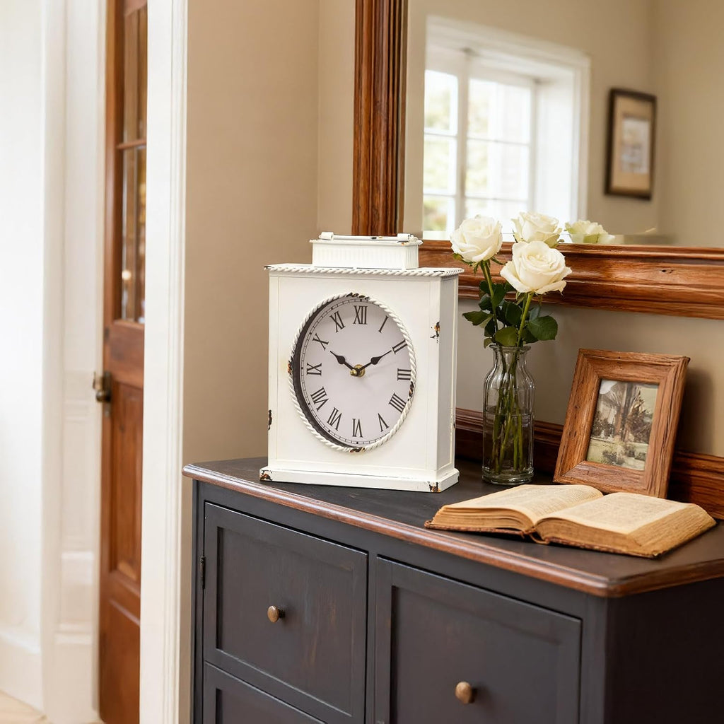 MODE HOME Vintage Mantel Clock, Large Rustic Distressed Metal Table Clock with Handle