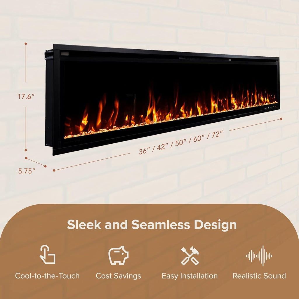 Modern Ember Aerus 72 Inch Smart Linear Electric Fireplace | Recessed in-Wall or Wall-Mount | LED Multiple Flame