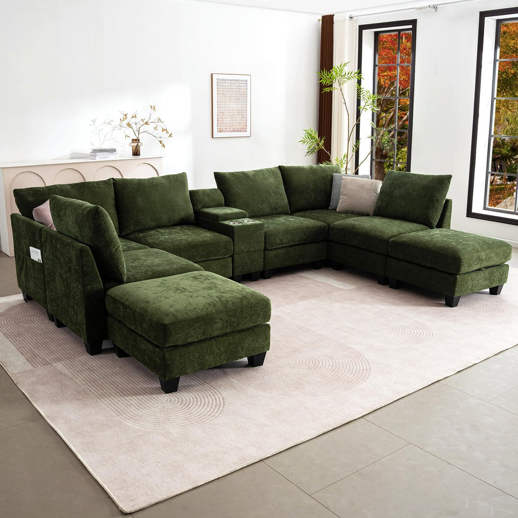 136" U Shaped 8 Seater Modular Sectional Sofa with Cup Holders