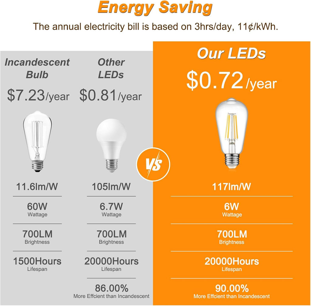 Vintage LED Edison Bulbs 6W, Equivalent 60W Incandescent, Non-Dimmable, Warm White 2700K, ST58 Antique LED Filament