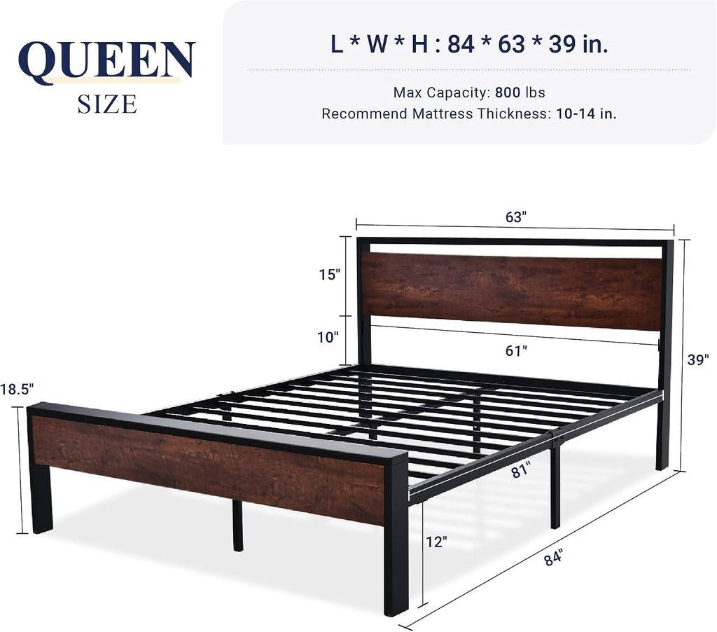 Queen Platform Bed Frame with Wooden Headboard and Footboard, Heavy Duty 12 Metal Slats Support, No Box Spring