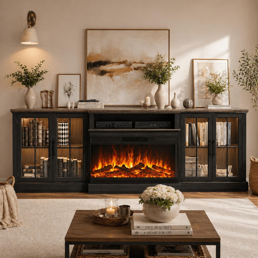 Black 98" Farmhouse TV Stand with 36" Fireplace for Living Room,Media Entertainment Center with Adjustable Shelves