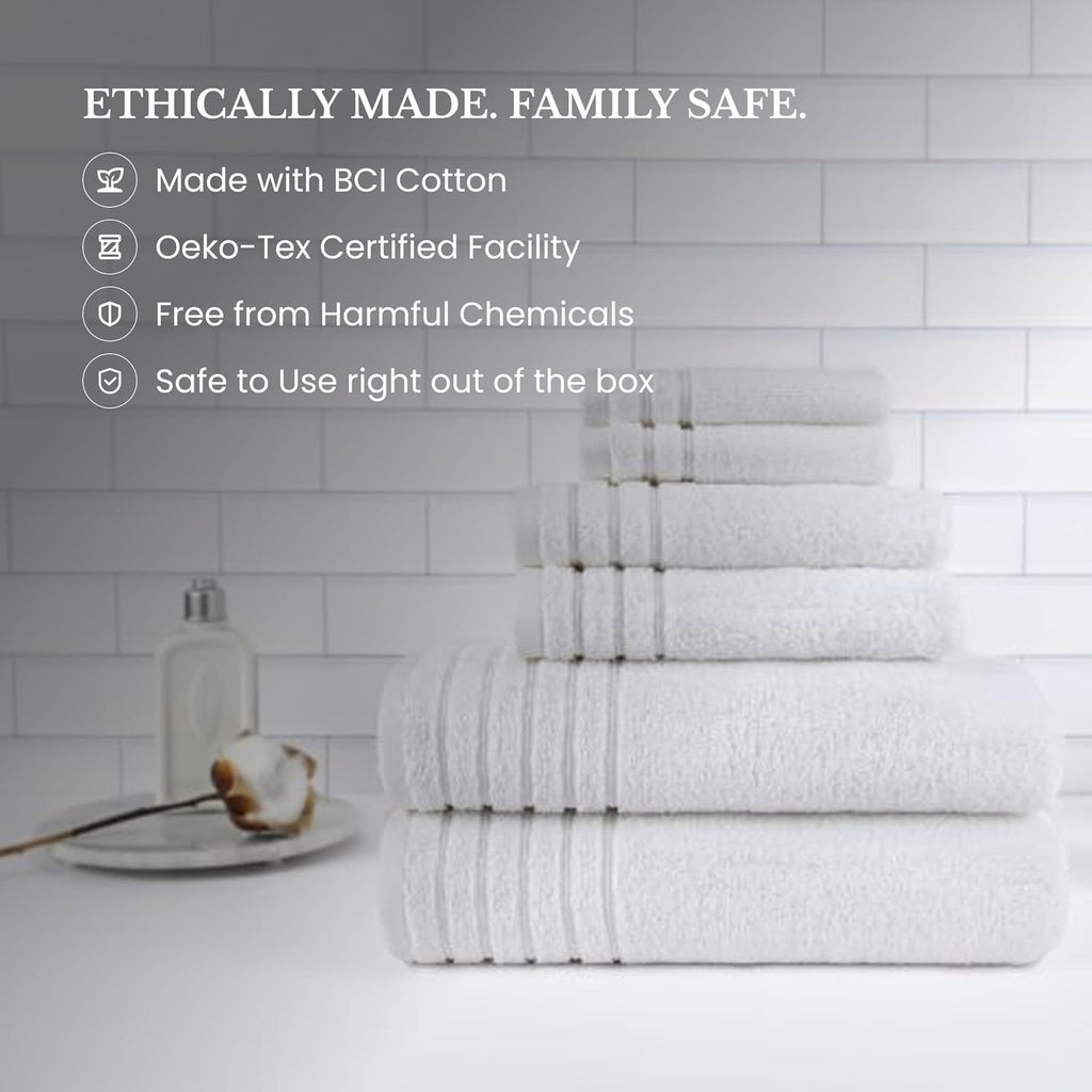 BW Luxe Home Bath Towel Set, 6-Piece, 100% Turkish Cotton, 600 GSM, White | Includes Bath, Hand and Wash Towels, Soft
