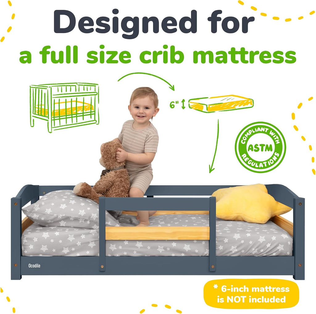 Toddler Bed with Rails | Low Montessori Floor Bed Frame for Kids | Standard Crib Size Wooden Frame for Independent