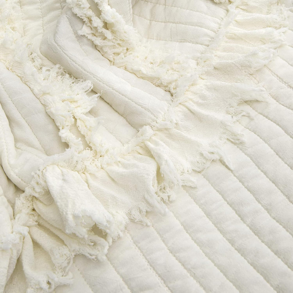 Ultra Soft Pre-Washed Warm Quilted Throw Blanket, Ruffle Fringed Cream Boho Decorative Throw, Stone Washed Chic