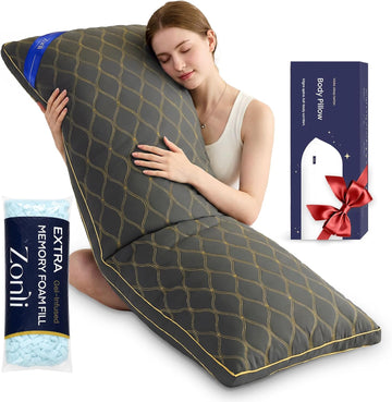 Long Body Pillow for Adults, Gold Thread Quilted Gourd Pattern Cover, Soft Durable Adjustable Shredded Memory Foam